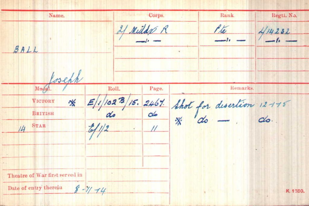 Medal Index Card for Joseph Ball (The Western Front Association