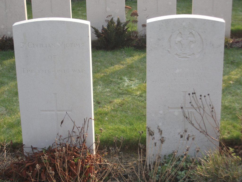 Three Belgian Civilians' grave (left) and Private A Mileham (right)