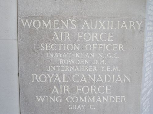 Inayat-Khan, Rowden and Unternahrer on the Air Forces Memorial, Runnymede
